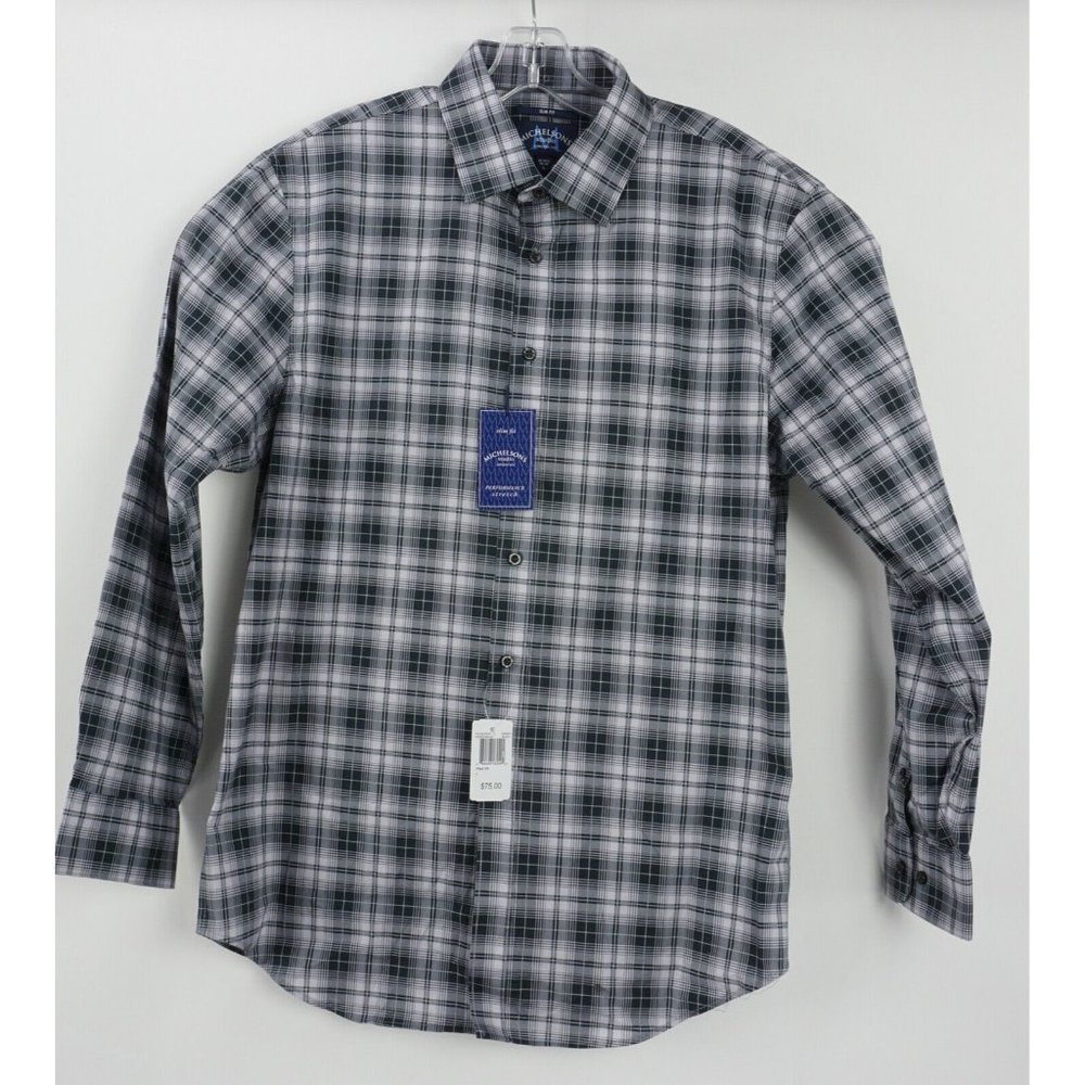 New Michelsons London Mens Large Slim L/S White Gray Black Plaid Button Up Shirt